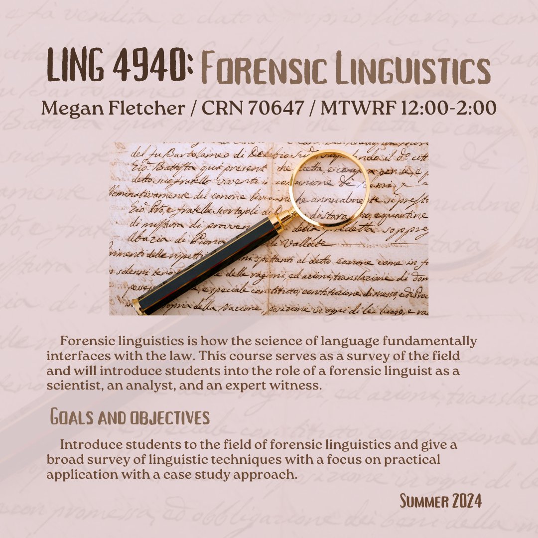 UGALinguistics's tweet photo. Registering for Summer courses? Try the Digital Life of Language or Forensic Linguistics! https://t.co/sLUH5mNX0H