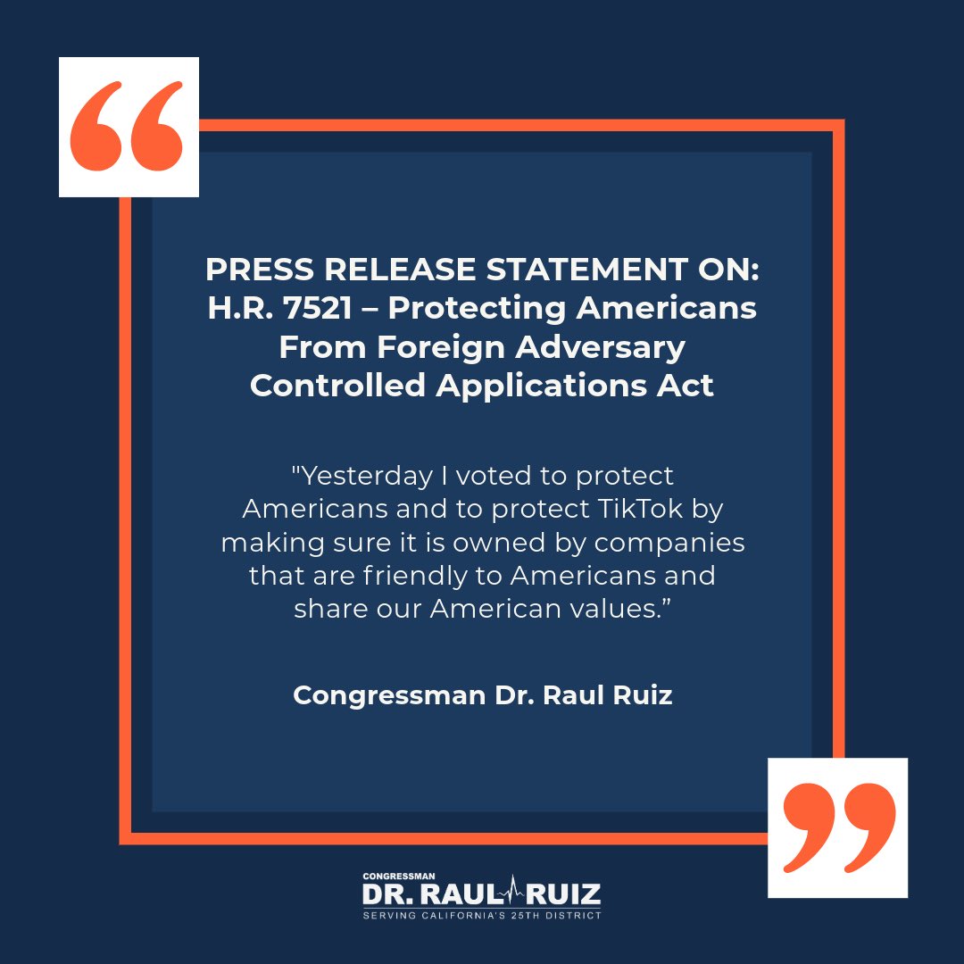 Read my statement on the Protecting Americans from Foreign Adversary Controlled Applications Act: “Yesterday I voted to protect Americans and to protect TikTok by making sure it is owned by companies that are friendly to Americans and share our American values.”