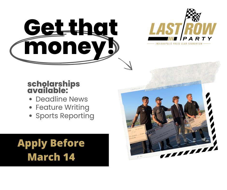 IN student journalists: apply for the @IndyPressCLub's Last Row Scholarships! You could receive $1k+ &amp; attend <a href="/LastRowParty/">Last Row Party</a> <a href="/IMS/">Indianapolis Motor Speedway</a> on 5/23. Mingle w/ drivers &amp; set yourself up for a great future in journalism!

Submit ✌️ of your best works here by March 14 - loom.ly/FCYCKvg