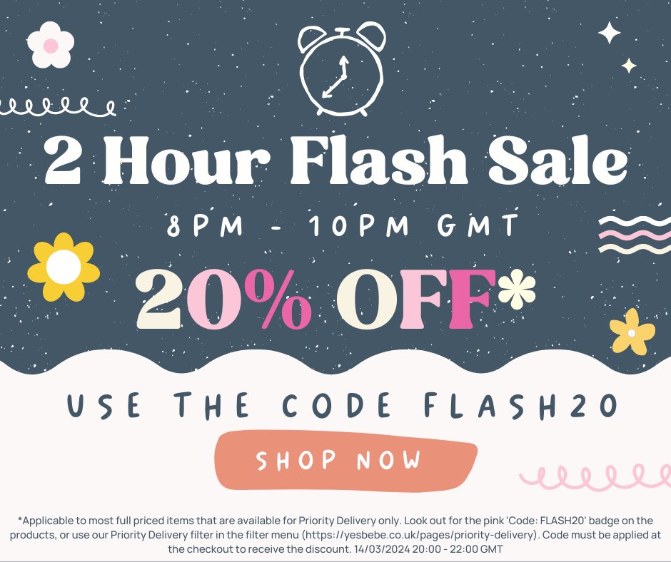 ⏰ It's almost go time!! ⏰

Enjoy 20% off all products with the FLASH20 badge between 8pm-10pm GMT TONIGHT! 🛒🌈💰

➡️yesbebe.co.uk

#yesbebe #kids #ScandiKids #KidsClothes