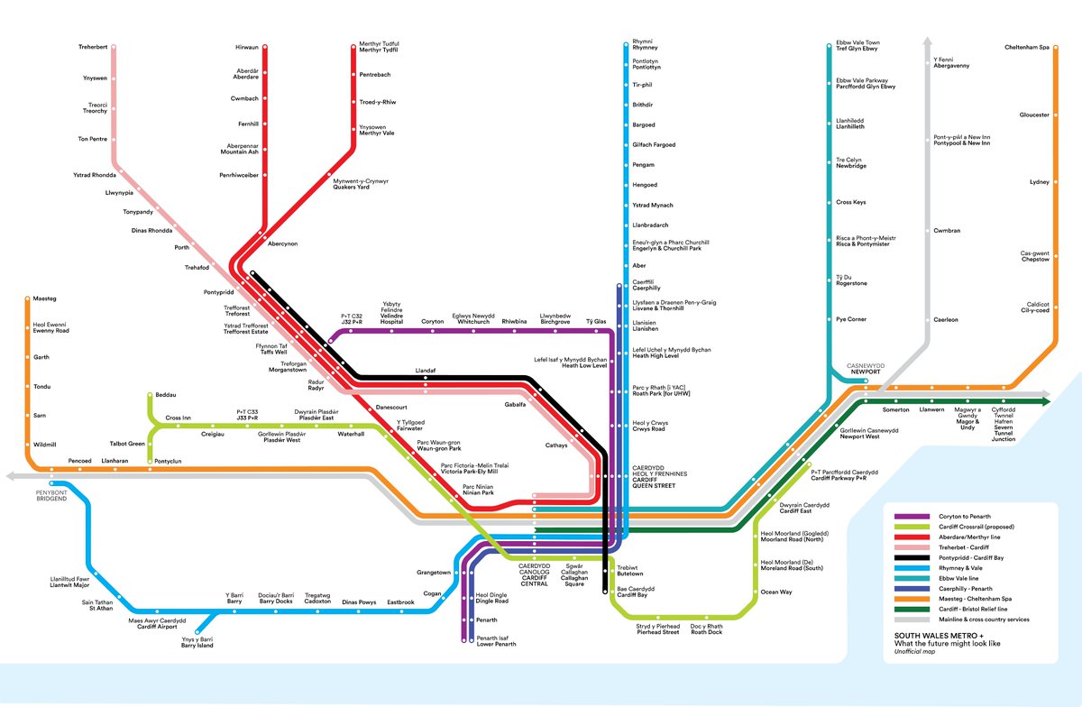 mathtalfan's tweet image. Dusted off an old Metro/Cardiff Crossrail map I worked on a while back. Added in some of the new stations and route changes that are been planned/discussed. Parts of it feel a long way off, but it's moving in right direction. Have I missed anything @swalesmetroprof ?