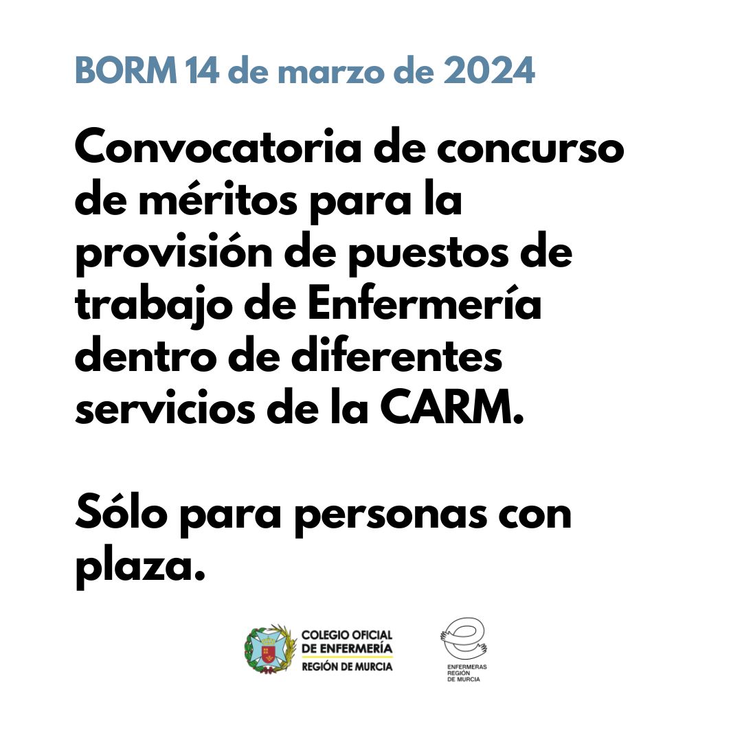 Publicada hoy en el BORM la convocatoria de concurso de méritos para la provisión de puestos de trabajo en Enfermería dentro de diferentes servicios de la CARM. Solo para enfermeras con plaza. Toda la información aquí ➡️borm.es/services/anunc…  #EnfermerasRegióndeMurcia