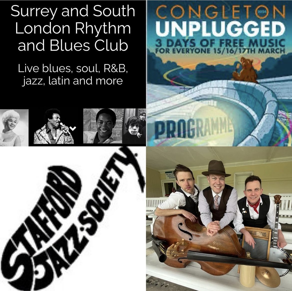 Three gigs coming up this weekend. On Friday we are in Caterham for @surreyrhythmandblues at Soper Hall. 8.00pm start. Then on Saturday we are at @congounplugged at @beartownbrewery - 2.00pm start. On Sunday we are at Stafford Jazz Society at The white Eagle Club, 12.30pm