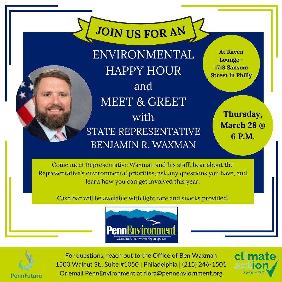 Sign up to join us for an Environmental Happy Hour and Meet and Greet with enviro champ <a href="/RepBenWaxman/">Rep. Ben Waxman</a> on 3/28 at the Raven Lounge in Philly!

environmentamerica.org/pennsylvania/e…