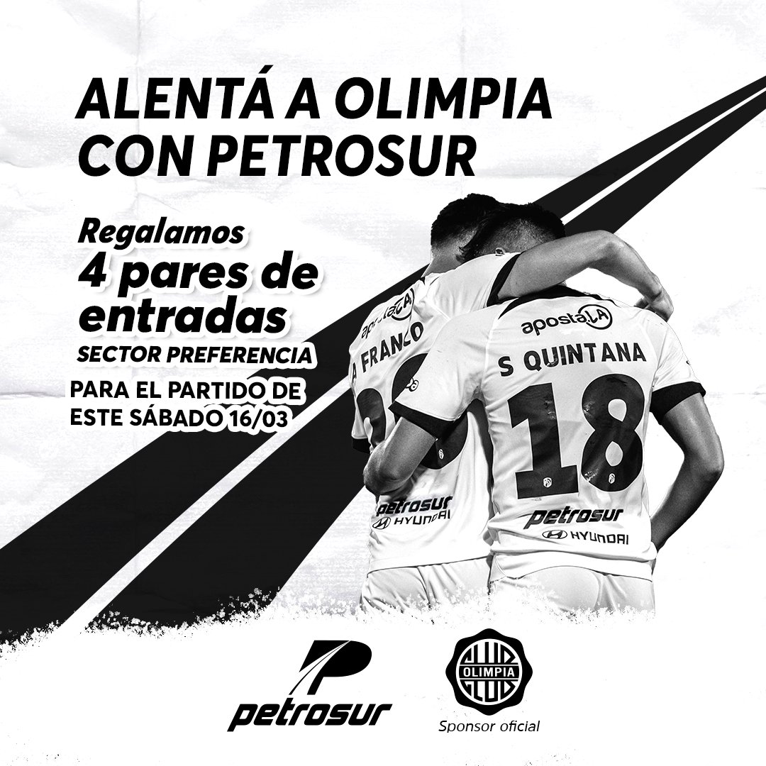 Petrosur's tweet photo. ¡Regalamos 4 pares de entradas sector preferencia para alentar a Olimpia en su partido de este sábado 16/03!

✅Seguinos.
✅Dale RT a esta publicación.
✅Arrobá en los cometarios a tu acompañante.

Anunciamos a los ganadores mañana a las 12:00 hs. 👀 https://t.co/AlnvwKQvaS
