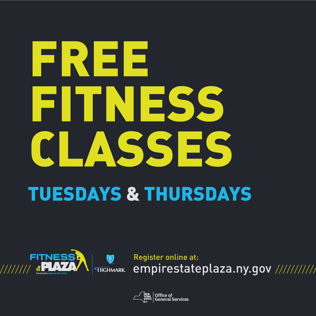 Fitness at the Plaza is still rockin’ and rollin’ on Tuesdays and Thursdays through March 28! Join us for FREE classes at 5 p.m. presented by @Highmark_BS! 👟 Details & Registration: empirestateplaza.ny.gov/fitness