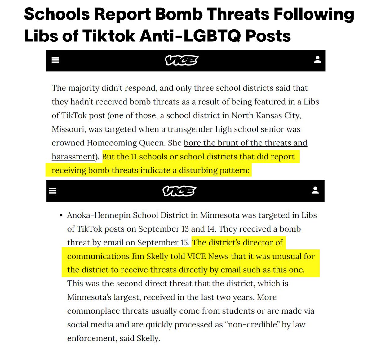 BREAKING: We obtained emails that @VICENews sent to a MN school district where they asked if Libs of TikTok posts resulted in threats. The district responded stating they had 'no information linking this b*mb threat to the Libs of TikTok messaging.' How did Vice report on it?…