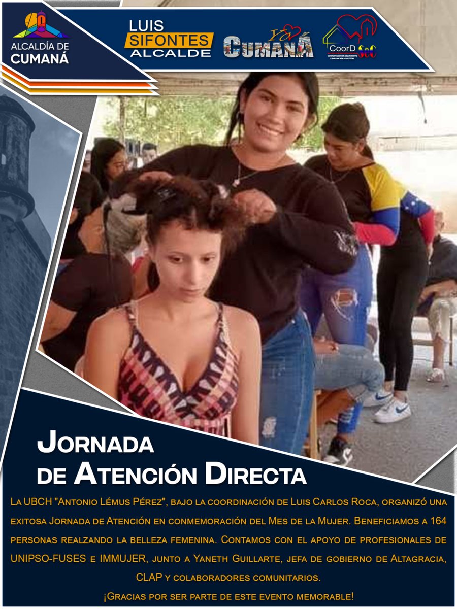 YO❤️CUMANÁ

La Jornada de Atención directa al pueblo, esta enmarcada en las políticas públicas del municipio Sucre, impulsadas por el alcalde <a href="/lossifontes/">LUIS JAVIER SIFONTES</a> y en línea con las transformaciones para el desarrollo del país.

#AvanzandoPorVenezuela
<a href="/NicolasMaduro/">Nicolás Maduro</a> <a href="/dcabellor/">Diosdado Cabello R</a>