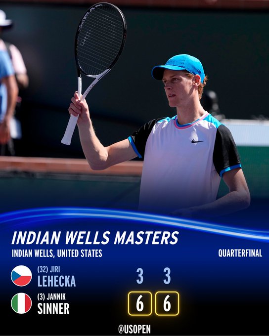 Sinner defeats Lehecka 6-3, 6-3