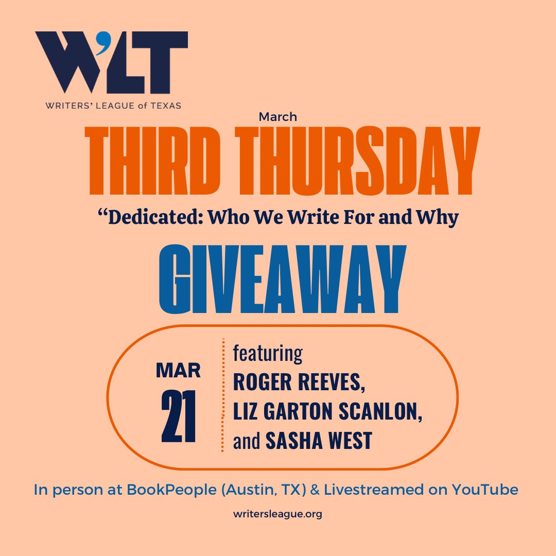 It's that time of month again... We are announcing our March Third Thursday! Come and join us at @BookPeople featuring readings from Roger Reeves, @LGartonScanlon, and Sasha West! 📣 To RSVP or learn more about this FREE event, click here: writersleague.org/calendar/march…