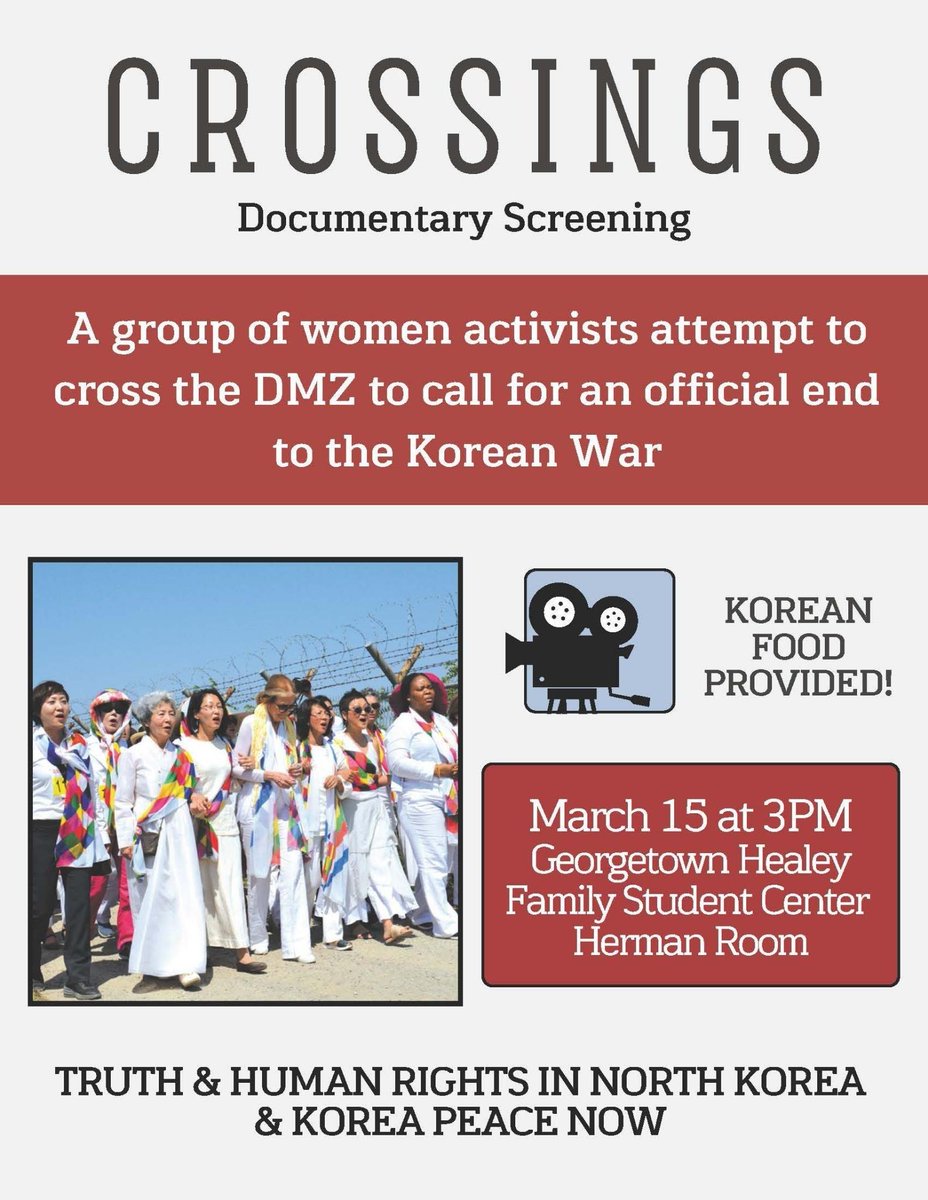 Tomorrow in DC: Catch a FREE screening of #CrossingsDoc at Georgetown University. 'Crossings' (@Mu_Films) follows 30 women peacemakers from around the world who crossed the DMZ from North to South Korea, calling for peace on the Korean Peninsula.