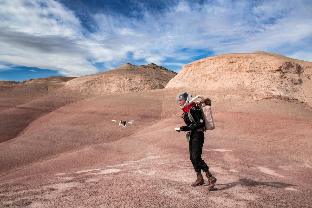 A member of Crew 293 testing out an aerial drone during an EVA mission near the #MDRS campus in Utah. A great way to photograph and create 3-D maps of the area. #marsanalog #analogastronauts @ISAE_officiel #stem @MDRSSupaeroCrew #themarssociety #utah