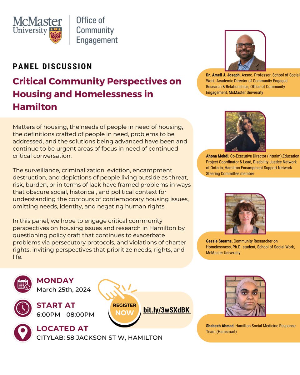 McMaster OCE (@mcmasteroce) on Twitter photo Join us on March 25th, 6-8 PM at <a href="/CityLABHamilton/">CityLAB Hamilton</a> for a vital discussion on housing & homelessness in #HamOnt . Let's challenge perspectives, prioritize needs, & advocate for human rights.
#HousingJustice #CriticalCommunityPerspectives
RSVP: bit.ly/3T9CQHW Join us on March 25th, 6-8 PM at <a href="/CityLABHamilton/">CityLAB Hamilton</a> for a vital discussion on housing & homelessness in #HamOnt . Let's challenge perspectives, prioritize needs, & advocate for human rights.
#HousingJustice #CriticalCommunityPerspectives
RSVP: bit.ly/3T9CQHW