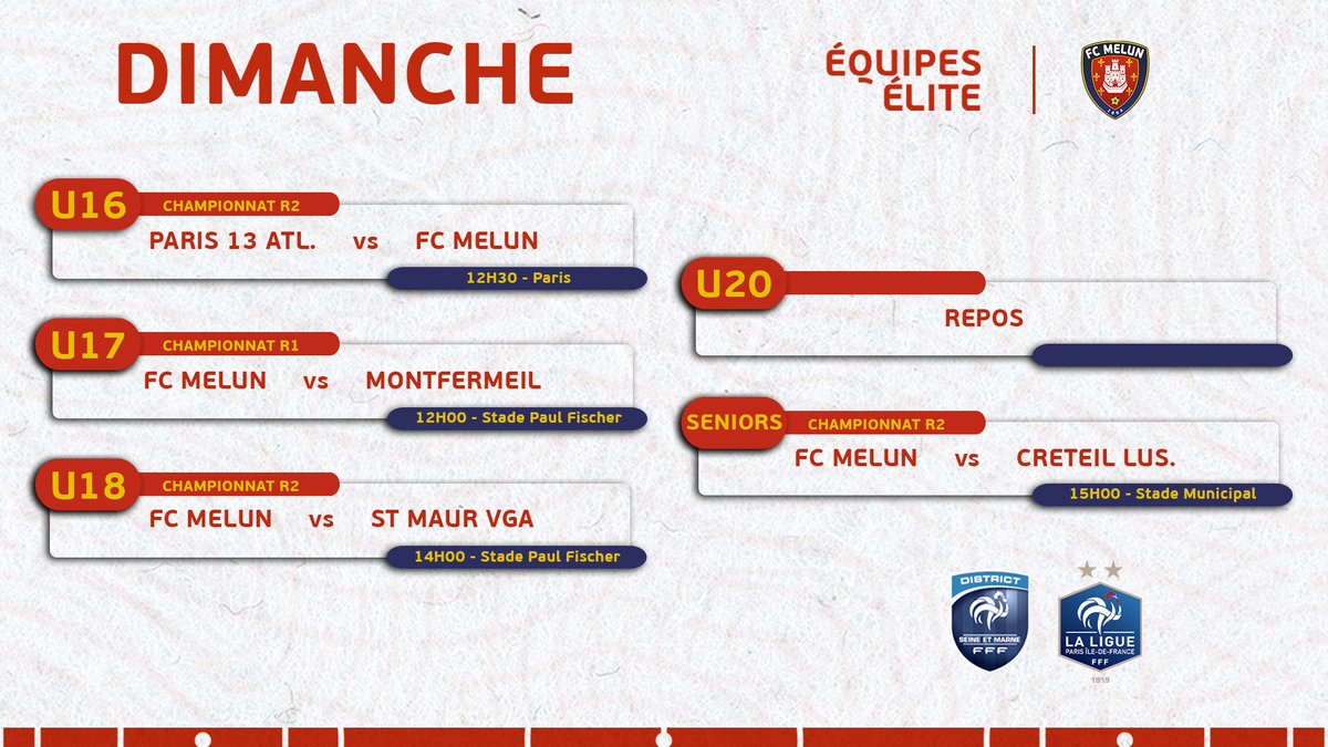 🗓️⚽ 𝐀𝐆𝐄𝐍𝐃𝐀 𝐃𝐔 𝐖𝐄𝐄𝐊-𝐄𝐍𝐃 ⚽🗓️

Week-end du 16 et 17 mars pour nos équipes Élites, des U9 aux Seniors

Soutenez nos équipes, soyez présents et partagez avec nous cette passion du FCM 🔴🔵