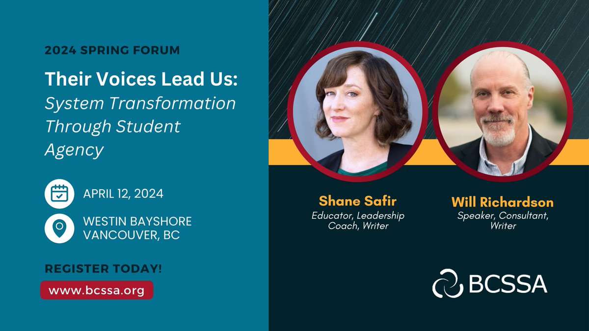 Discover the power of student agency w/ Will Richardson & Shane Safir at the #BCSSASpringForum! With expertise in education reform & equitable learning, they're setting the stage for a transformative day. 📚💡 April 12th in Van. #BCed - Ready for change? bit.ly/49FbJLQ