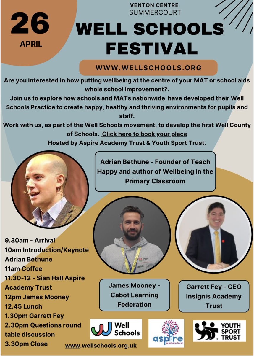 This is happening! Come and learn more about the @well_schools movement and how we can work together in Cornwall @AdrianBethune @mrlev @AspireAcademies @YouthSportTrust @Cabotfederation @InsignisTrust #BetterTogether Link to book in thread below 👇🏻#ifallschoolswerewellschools