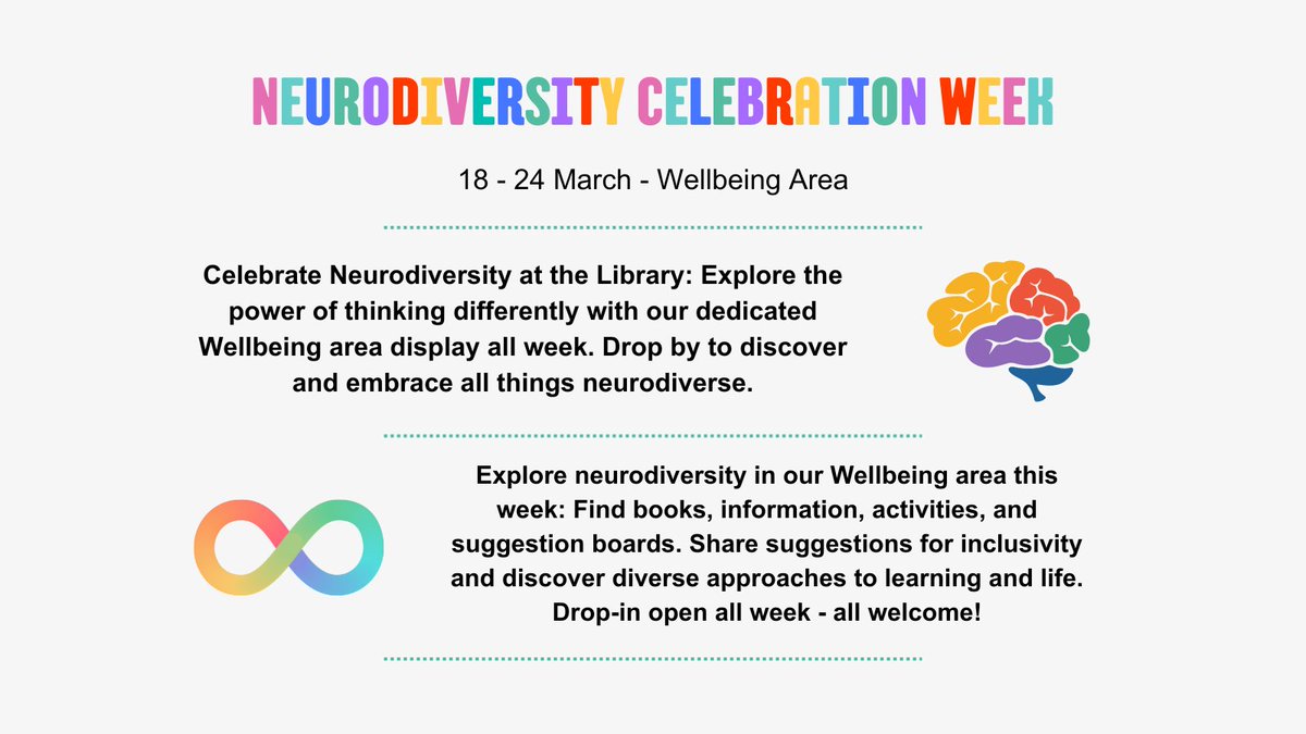 In honour of Neurodiversity Celebration Week, 18-24 March, @sussexlibrary is holding a drop-in space to celebrate neurodiversity in their Wellbeing area. This week-long event highlights the power of thinking and learning differently. sussex.ac.uk/library/news-e…