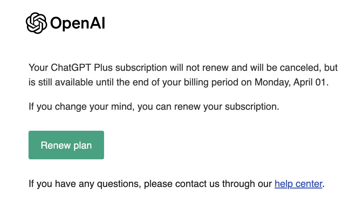 I decided to cancel my chatGPT subscription. 

I was using gpt4 mostly for simple tasks like "check grammar" and "summarize this paper". But in the last few weeks I realized that mistral's le chat and claude do a much better job. 

I never used custom gpts or plugins.