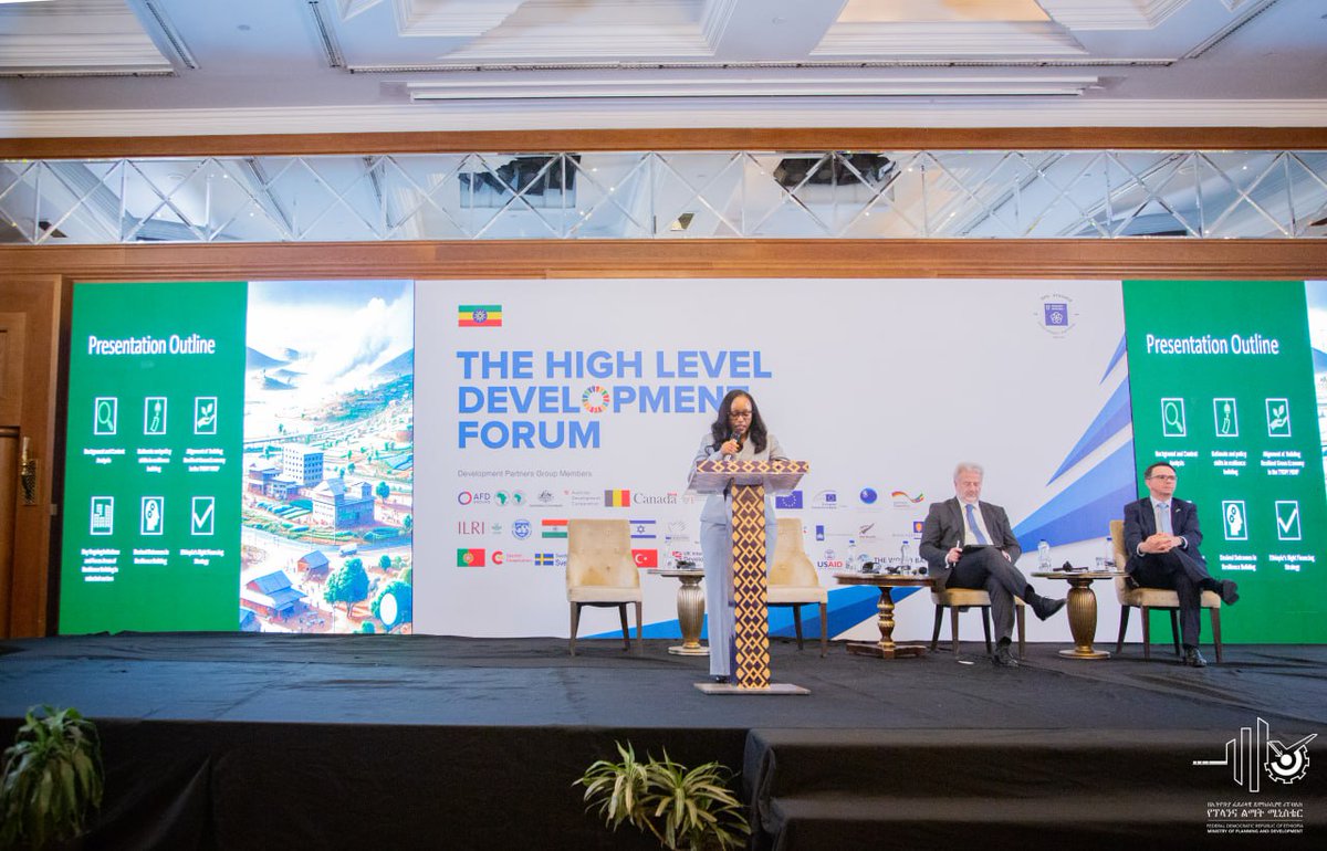 MoPD_Ethiopia's tweet photo. Minister @FitsumAdela highlighted Ethiopia's efforts in strengthening resilience and building a resilient green economy. #HLDF2024 #2030 agenda  
The TYDP and MDIP have mainstreamed resilient building, encompassing macroeconomic resilience, climate action, social protection, 1/4 https://t.co/N5NbZYgYUM