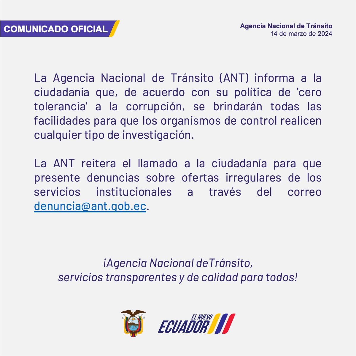ANT_ECUADOR's tweet photo. #COMUNICADO | En #LaNuevaANT estamos comprometidos en luchar contra la corrupción y garantizamos que se brinden todas las facilidades para las investigaciones que realicen los organismos de control.

#ElNuevoEcuador https://t.co/K9yDm7Brts