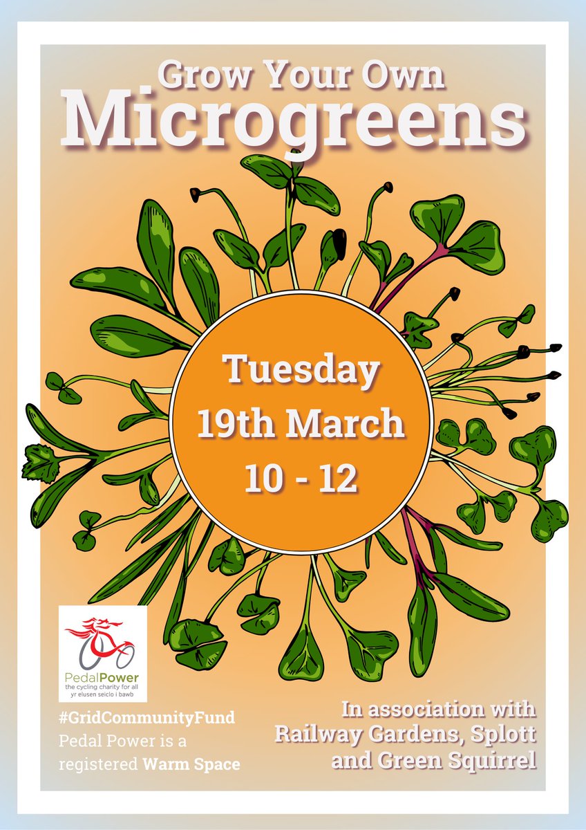 Got green(ish) fingers? We're running a drop-in workshop on Tuesday 19th March on growing your own micro-greens. 10am-12 noon, Pedal Power cafe. In association with Railway Gardens and Green Squirrel. cardiffpedalpower.org @WarmWelcome_UK #gridcommunityfund @railwaygardens