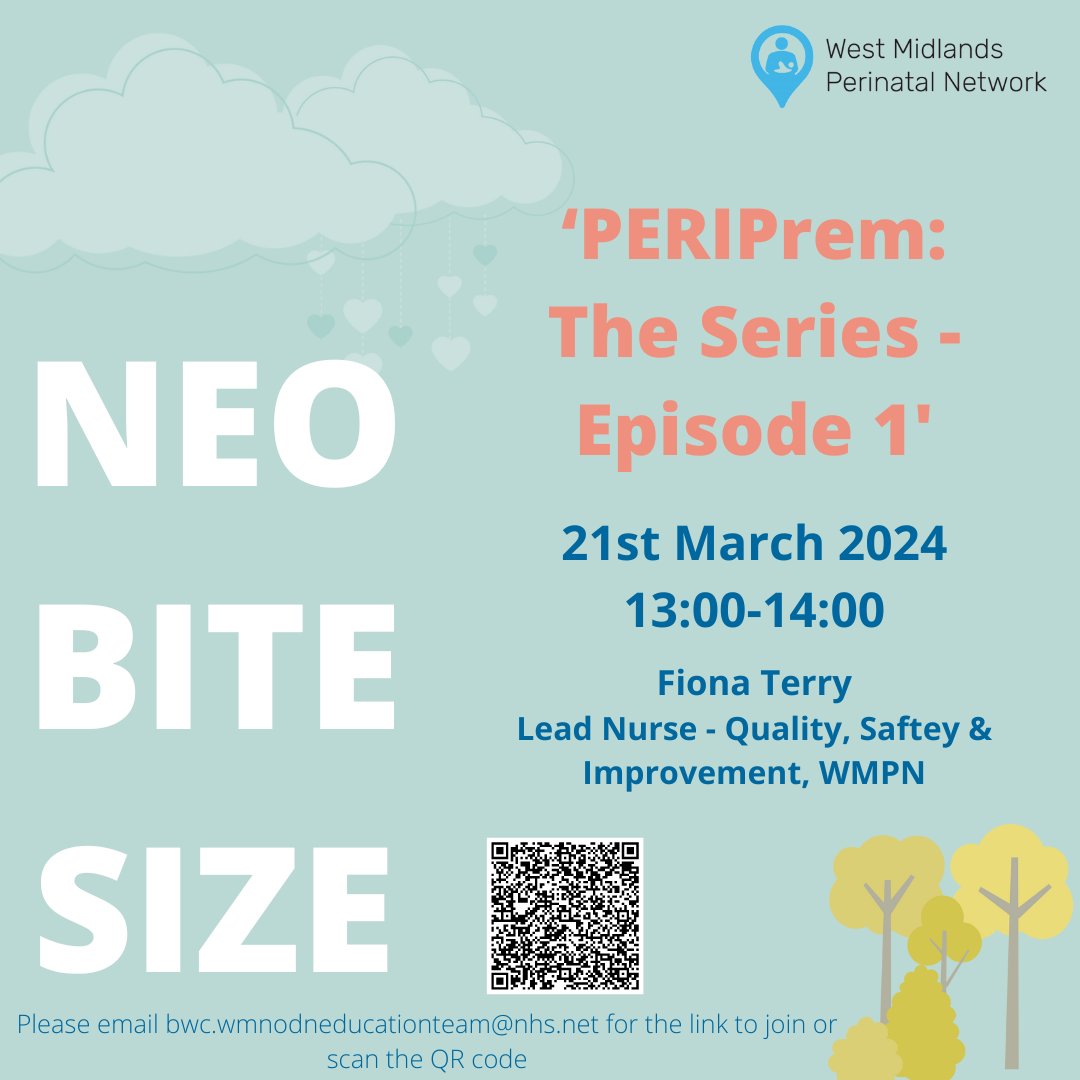 Come join us for March's NeoBitesize! This virtual teaching session will presented by Lead Nurse of Quality, Safety and Improvement Fiona Terry, starting a 3 part series on PERIPrem. No need to register just please click the link in the thread below to join or scan the QR code