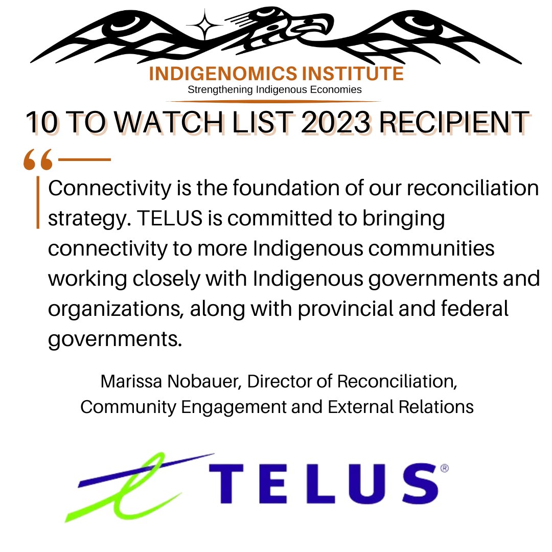Hesquiaht's tweet photo. Today we are shining a spotlight on TELUS, who is recognized as a distinguished recipient on the 2023 Indigenomics #10TOWATCH List.
TELUS' dedication to Indigenous empowerment shines through their initiatives. Learn more about their impactful work at: https://t.co/snpYeJfc0V https://t.co/Ix2kzoAAPH