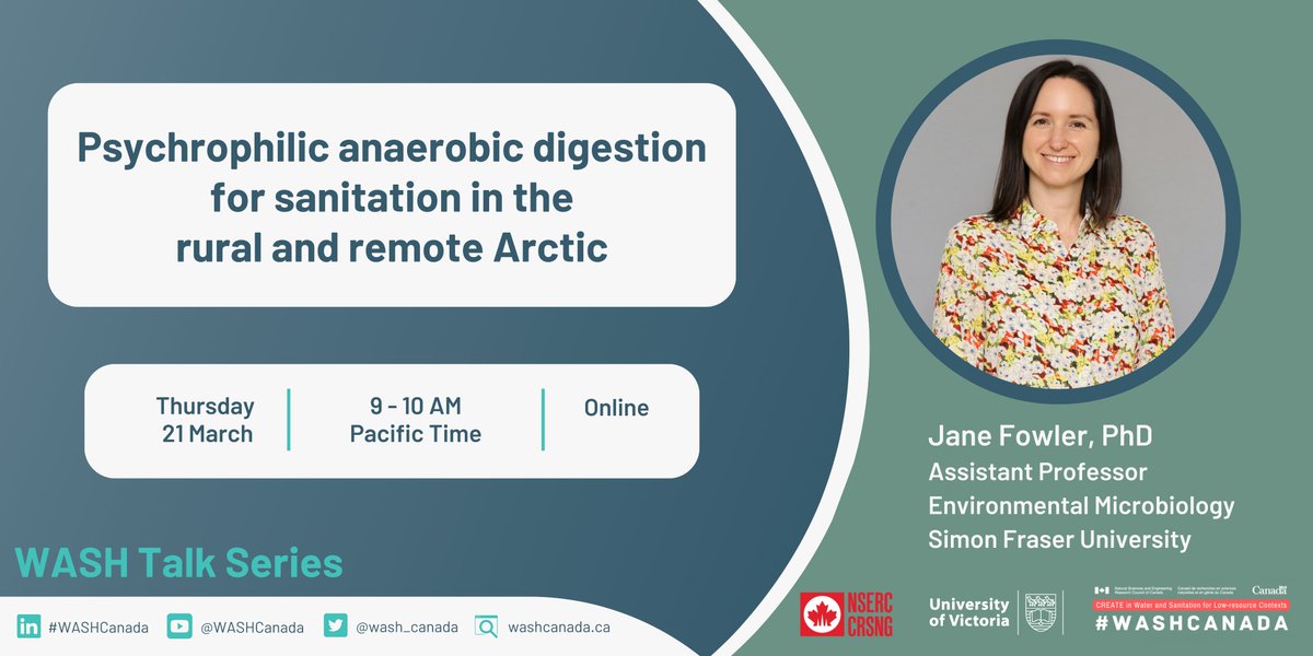 WASH Talk💧 📢: Joining us from Simon Fraser University is Prof. Jane Fowler, who will be discussing "Psychrophilic anaerobic digestion for sanitation in the rural and remote Arctic".

Tune in on Thursday, March 21st at 9:00 PT (12:00 ET).

Register here: t.ly/VY4mS
