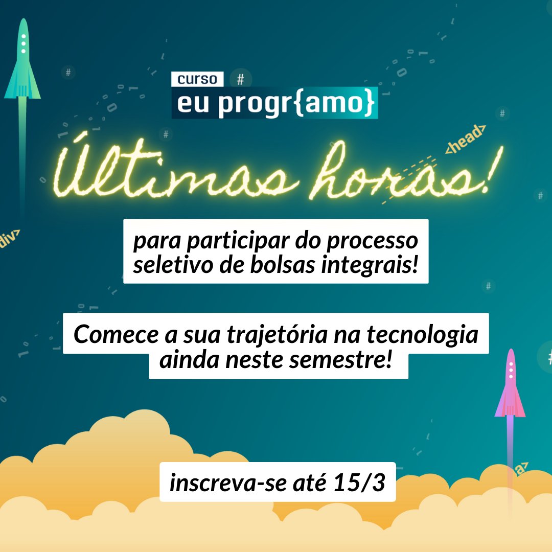 programaria's tweet image. 🔉ATENÇÃO🔉 Quer aprender programação, mas não pode arcar com os custos? São as últimas horas para você se inscrever no processo seletivo de bolsas integrais e ter a oportunidade de fazer o curso #EuProgrAmo!

🔗Acesse: bit.ly/3U6uqDy

Aproveite e compartilhe este post!