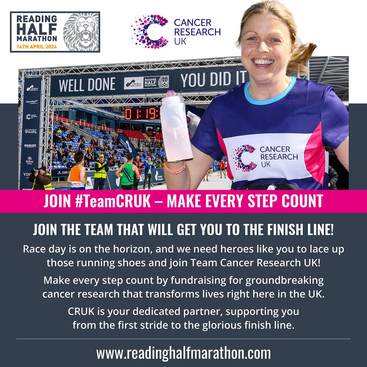 Join them, cheer them or support them. Cancer Research UK runners will be all through the field at the Reading Half Marathon. Jin the team to see you to the finish line.