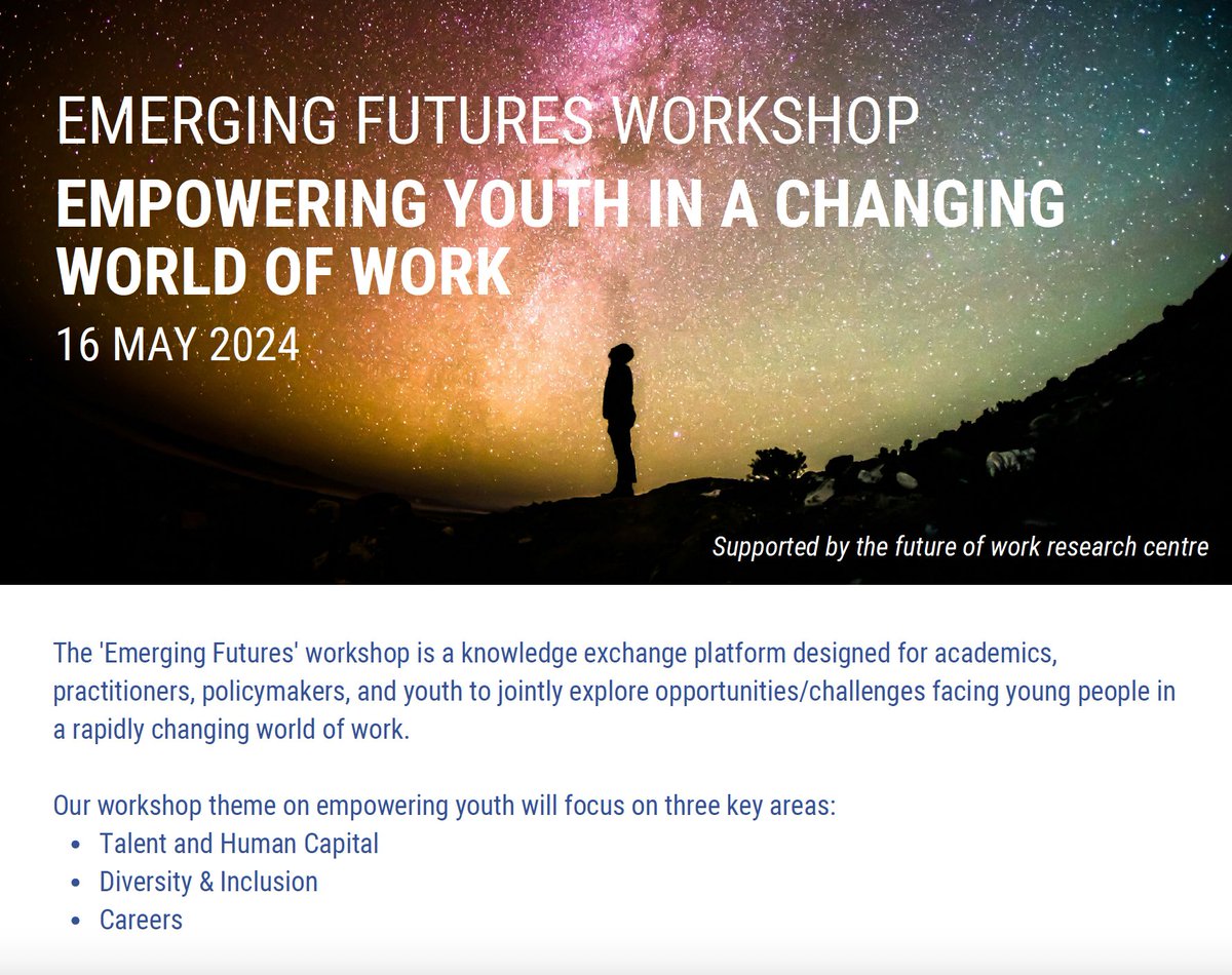 Join us for the 'Emerging Futures' workshop on 16th May 2024, hosted by the <a href="/BathSofM/">University of Bath School of Management</a> in collaboration with the Future of Work Research Centre, where we unite to tackle the pressing issues facing young professionals today. bath.ac.uk/events/emergin…