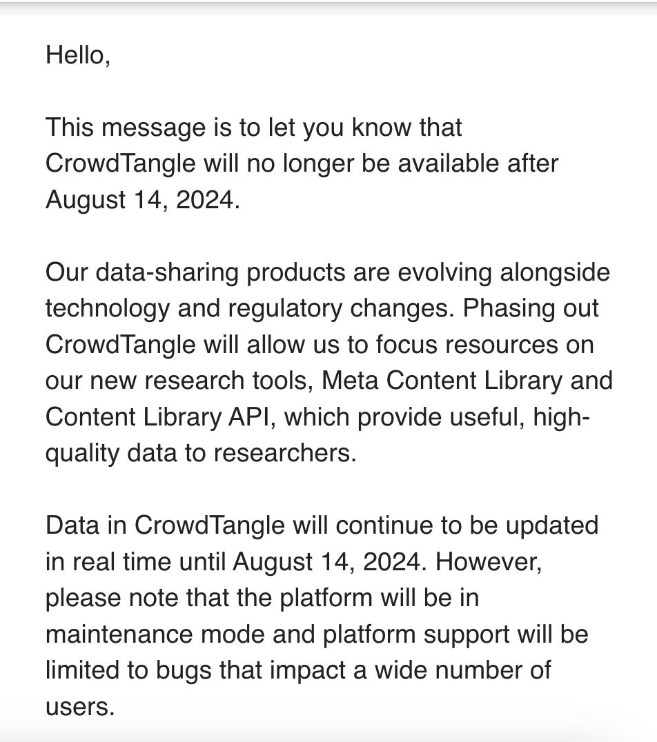 WeiaiWayne's tweet photo. CrowdTangle will no longer be available after August 14, 2024. #PostAPI https://t.co/cBuJDh1CX5