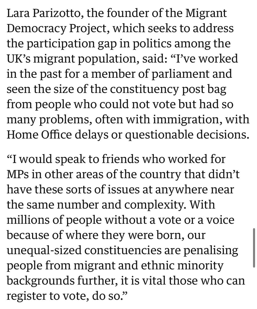 Really happy this research by @JustRegisterUK is out. Migrants across the UK are falling behind on being represented. Lack of voting rights affects not only them but also their MP’s capacity. Read more ⬇️⬇️ and support @MigrantDemos votes for all!
