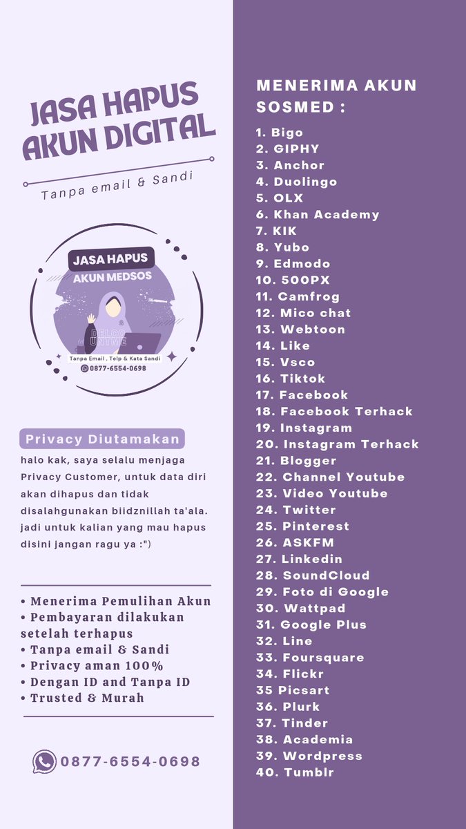 delcountme's tweet photo. open jasa hapus &amp; pulihkan akun media sosial yaa 🥰💜🤍✨
- trusted 💯, ber id &amp; non id
- sudah menghapus 500+akun
- open bimbel trik sendiri yapp

🧃wa : https://t.co/ibgpVVNCYY
🧃testi :  https://t.co/Fh7GSFh6kR

#jasahapusakun #zonaba #zonajajan #malaysia #zonauang #Twitter https://t.co/yRhzfHSjmd