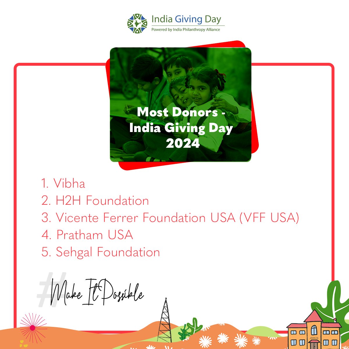 phil_india's tweet image. It&apos;s all about the impact you made! These are the 5 India Giving Day organizations who caught your eye and attracted the most donors. Thank you for your passion and participation in creating lasting &amp;amp; sustainable change in India!​ indiagivingday.org

#MakeItPossible