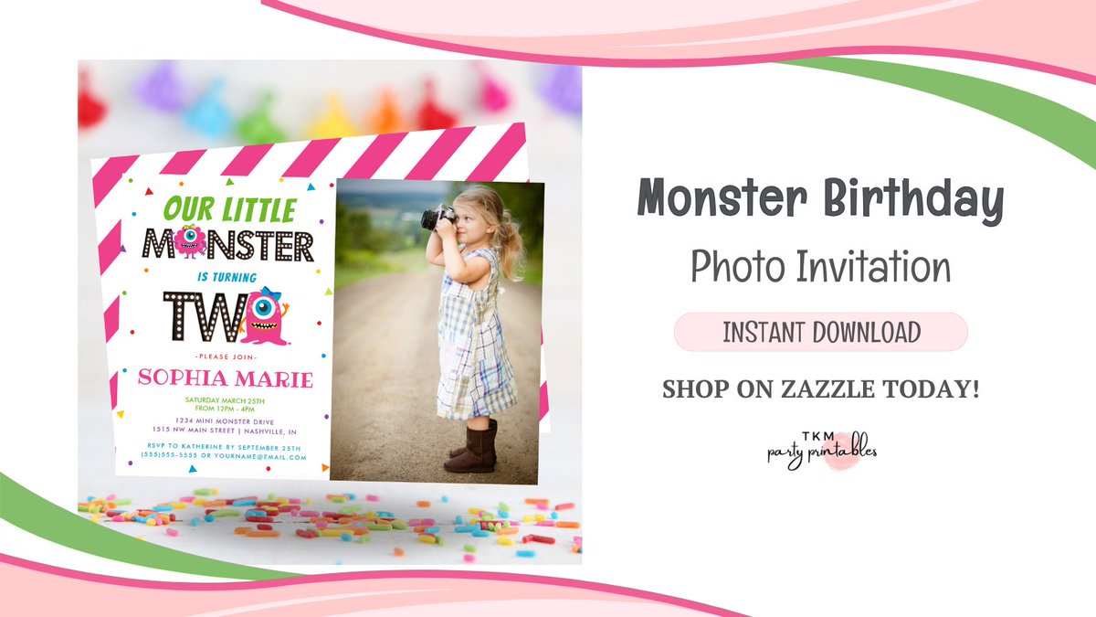 Unleash the fun with this Cute Girls Pink Monster 2nd Birthday Party Photo Invitation!  – personalize & order Today!
#monstertheme #birthdayinvitation #photoinvitation #invitaitontemplate #zazzlemade