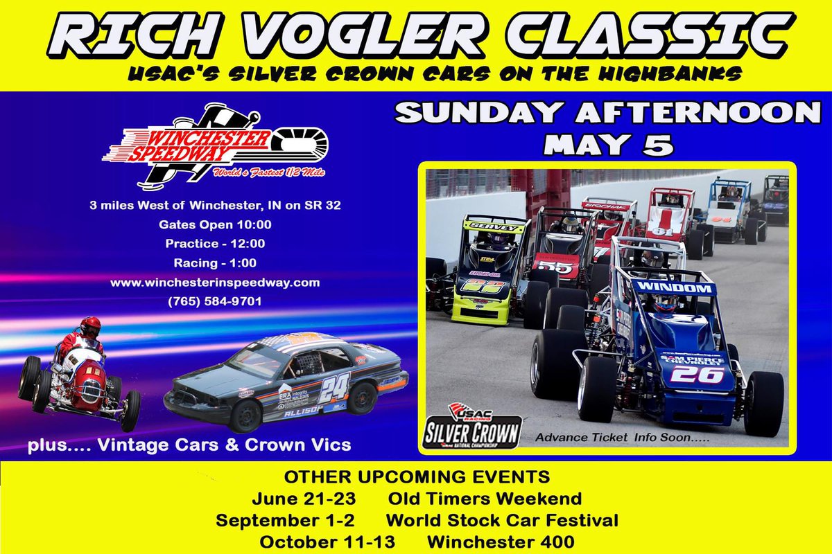 🏁 Exciting news for all racing fans! Mark your calendars for May 5th because the Rich Vogler Classic @USACNation Silver Crown Race is coming to Wicnhester Speedway, courtesy of Brady Bacon’s Elite Racing Promotions! Get ready for ground pounding excitement as the world’s…