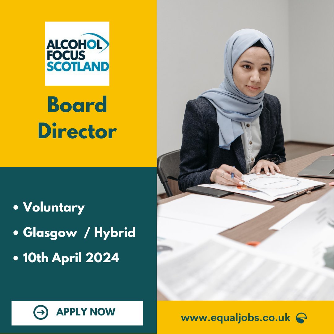 🌟 Join @AlcoholFocus as a Board Director! 🌟

As a Board Director, you'll play a pivotal role in ensuring the organisation is well-governed and equipped to execute our strategic plan effectively.

Apply now at equaljobs.co.uk/jobs/glasgow/b….

#BoardDirector #equaljobs #glasgowjobs