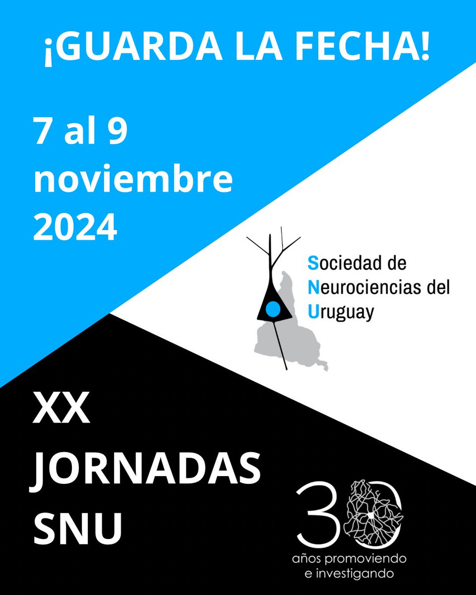 ¡Guardá la fecha! Del 7 al 9 de noviembre de 2024 se llevarán a cabo las XX Jornadas de la Sociedad de Neurociencias del Uruguay Y esta edición es especial, ya que conmemoramos los 30 años de nuestra sociedad! Próximamente tendremos más novedades