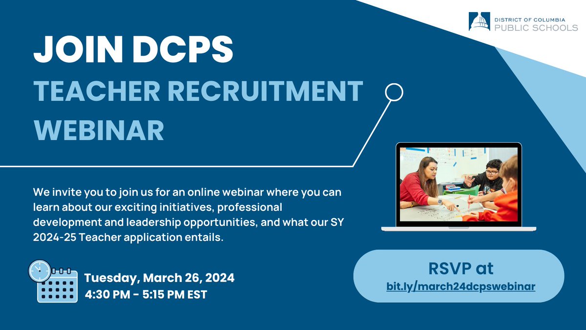 Join our recruitment team on March 26th for a webinar to learn more about what our SY 2024-25 Teacher application entails! Click here to RSVP: bit.ly/march24dcpsweb…