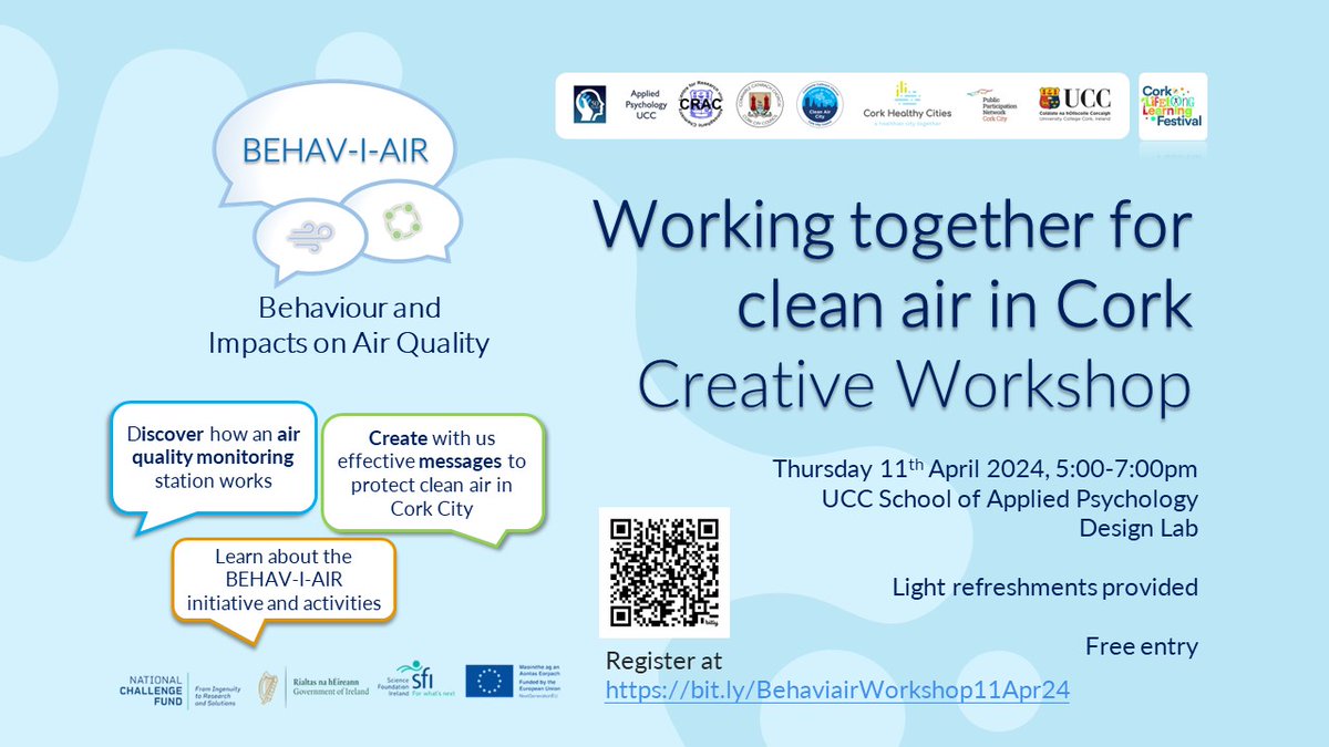 We're busy planning our #CleanAir Co-Creation Workshops to learn together abt #AirPollution issues & solutions Join our first event for #Cork #LifelongLearning Thu 11Apr 5pm 📉Learn abt #AirQuality monitoring ✍️Create your AQ stories Register: bit.ly/BehaviairWorks… Also..🧵