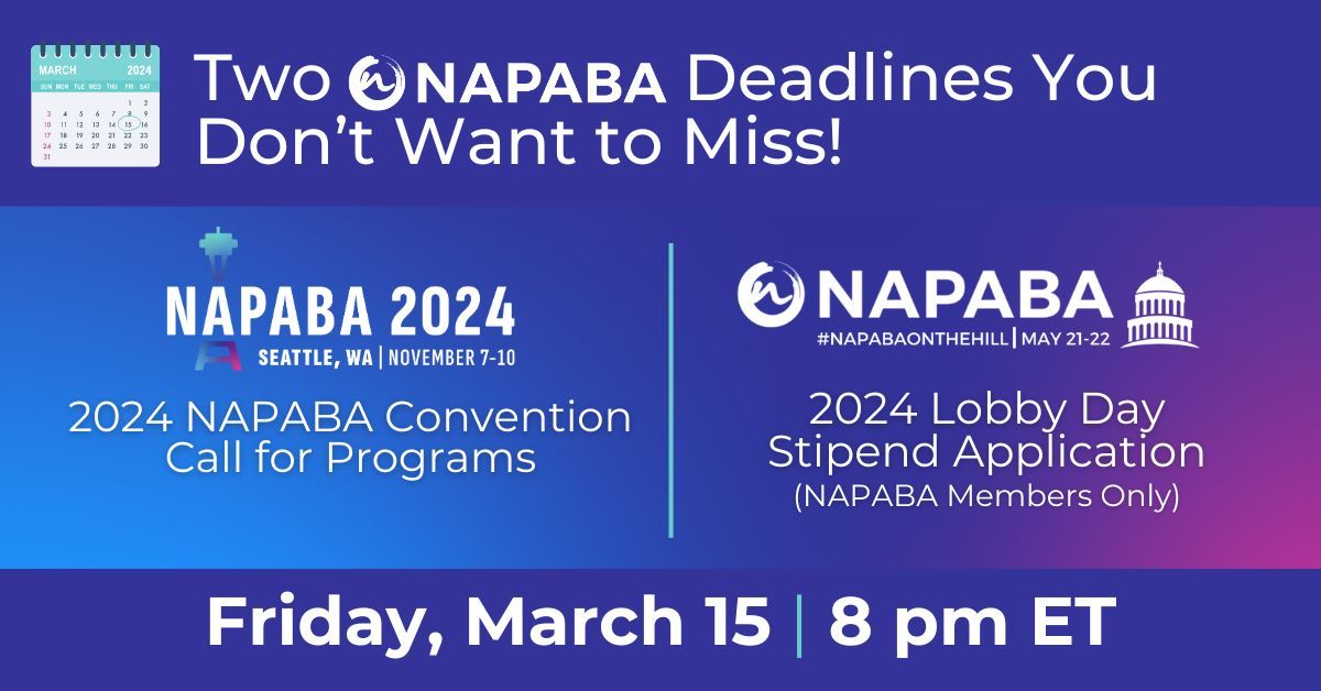 Mark your calendars for two crucial deadlines coming up tomorrow, Friday, 3/15 at 8:00 pm ET! ✅ Proposals for the 2024 NAPABA Convention are due. → napaba.org/page/2024_Conv… ✅ Stipends for NAPABA members to attend the 2024 Lobby Day are available. → napaba.org/page/2024_Lobb…