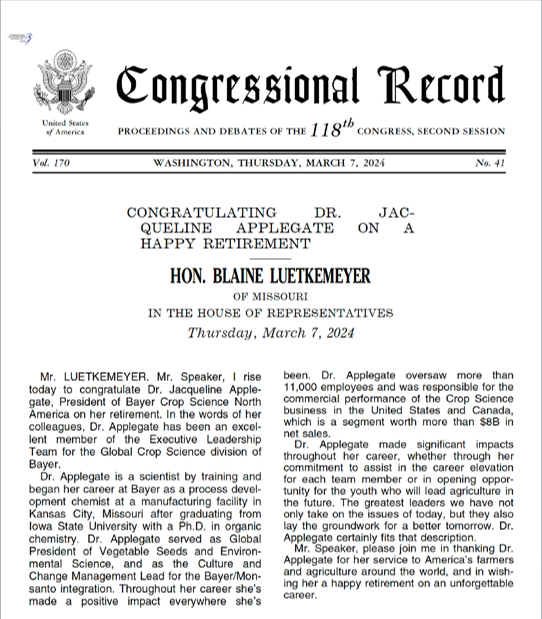 To honor her career and commitment to the #ag community, Missouri @RepBlaine congratulated our retiring President of NA Crop Science Jackie Applegate in the official congressional record. Thank you for your impact Jackie! To read the official record visit congress.gov/congressional-…