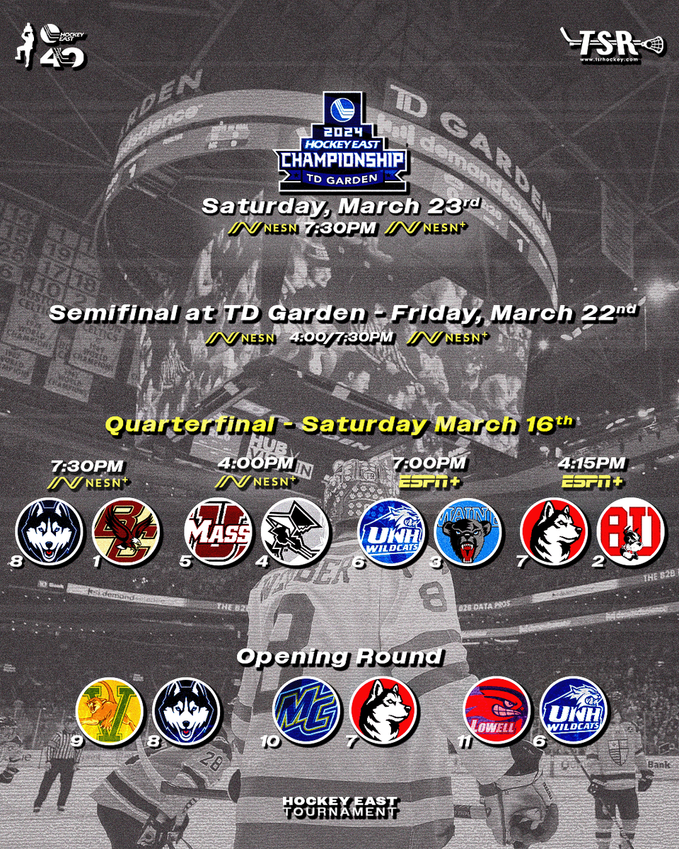 hockey_east's tweet image. Quarterfinals 🔒'd in. 

The #HockeyEast Tournament continues on Saturday with trips to @tdgarden on the line 🍿

#WhereChampionsPlay 
🎟️:  rb.gy/kz025k