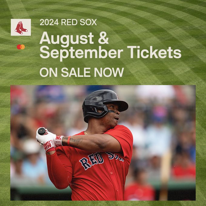 Pictured: Rafael Devers, wearing the Red Sox alternate red uniform, following through on a swing. Text: 2024 Red Sox August & September tickets on sale now