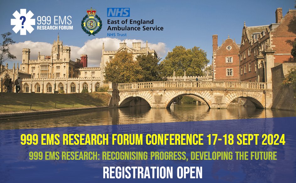 Registration is now open for our annual research conf. '999 EMS Research: recognising progress, developing the future', 17-18 Sept 2024 in Cambridge. Take advantage of early bird rates (same as 2023!) & book your tickets here: eventbrite.co.uk/e/999-ems-rese… @EEAST_research @PRIMECentre