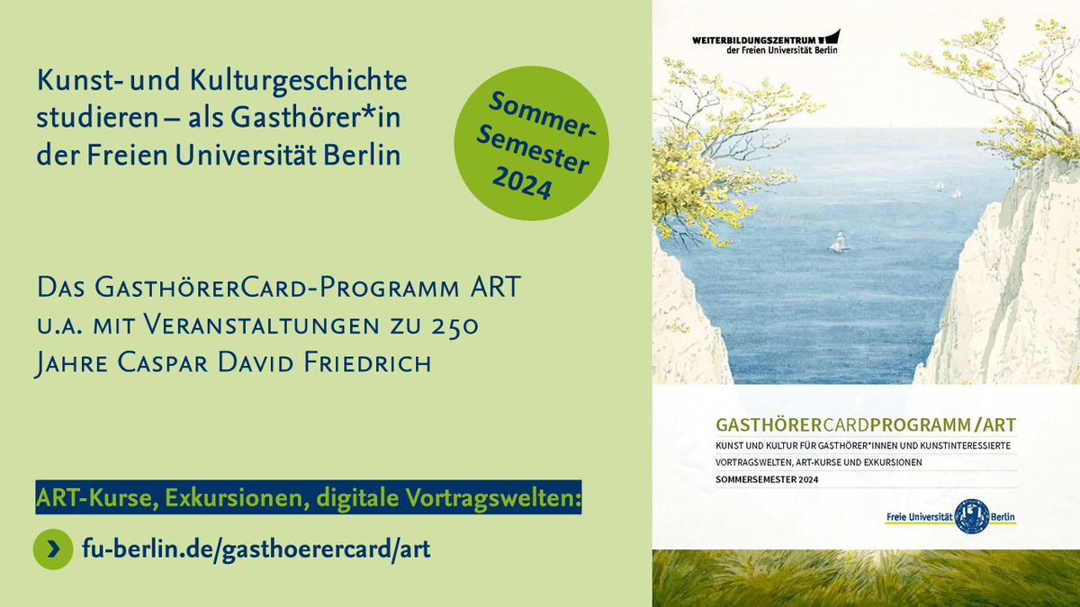 Kunst- und Kulturgeschichte an der <a href="/FU_Berlin/">Freie Universität</a>: Die ART-Kurse des GasthörerCard ART-Programms im Sommersemester sind ab heute buchbar! 

➡️Programmheft und Buchung: ssl2.cms.fu-berlin.de/fu-berlin/site…

Wir freuen uns auf Ihre Teilnahme und bedanken uns bei allen beteiligten Kulturpartnern.