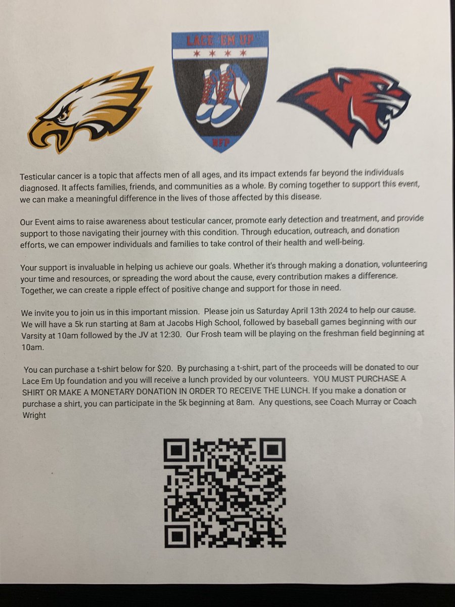Please join us as we raise awareness about testicular cancer. By working together, we can make a positive difference by those affected by this awful disease. On 4/13/24, we will start with a 5K race followed by some great baseball ⁦<a href="/Conant_Baseball/">⚾️Conant Baseball ⚾️</a>⁩ ⁦<a href="/JacobsGirlsTF/">Jacobs Girls Track & Field</a>⁩