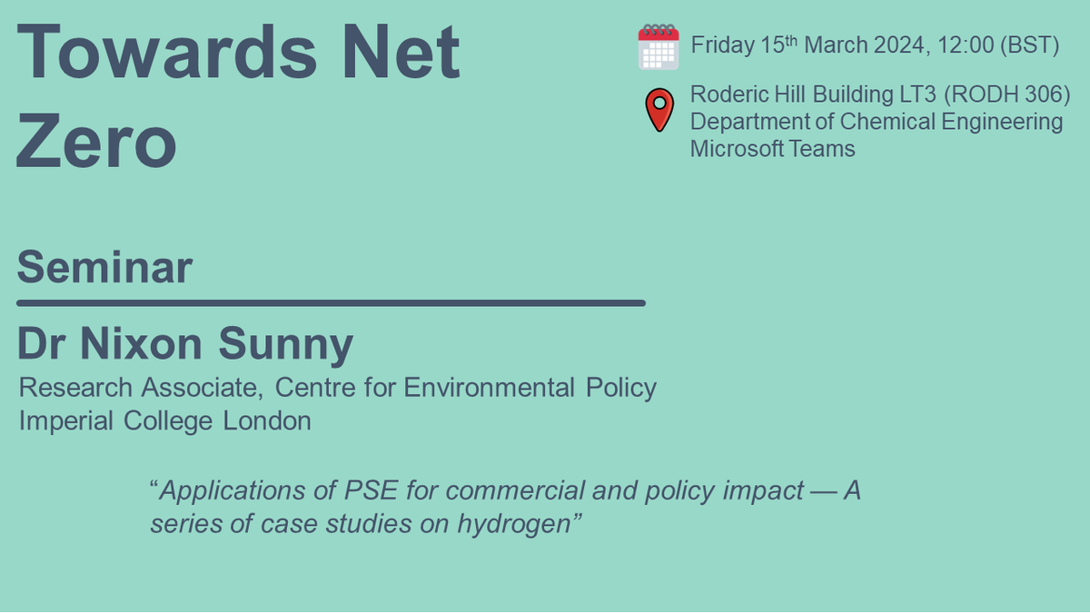 Towards Net Zero Seminar Series (@imperialtnz) on Twitter photo ๐
We are looking forward to the seminar tomorrow, where we will be hearing from Dr Nixon Sunny from <a href="/IC_CEP/">Centre for Environmental Policy, Imperial</a>. Nixon will be discussing his work on the application of process systems engineering in hydrogen case studies. ๐
We are looking forward to the seminar tomorrow, where we will be hearing from Dr Nixon Sunny from <a href="/IC_CEP/">Centre for Environmental Policy, Imperial</a>. Nixon will be discussing his work on the application of process systems engineering in hydrogen case studies.