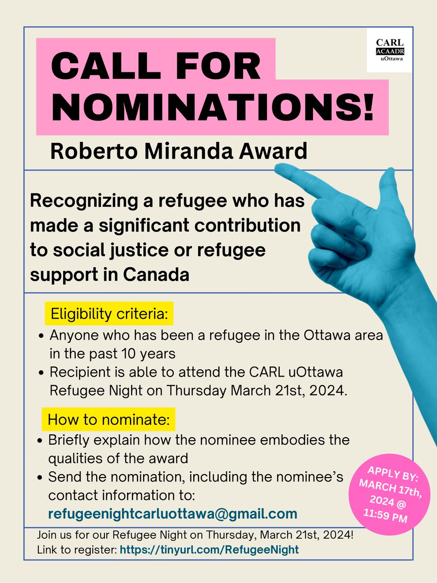 Pathways International (@pathways_intl) on Twitter photo 🌟 Calling for nominations! Do you know an outstanding refugee in Ottawa? Nominate them for the Roberto Miranda Award, recognizing courage, social justice, and a commitment to humanity. Email refugeenightcarluottawa@gmail.com by March 17th, 2024.
Find out more 👇 🌟 Calling for nominations! Do you know an outstanding refugee in Ottawa? Nominate them for the Roberto Miranda Award, recognizing courage, social justice, and a commitment to humanity. Email refugeenightcarluottawa@gmail.com by March 17th, 2024.
Find out more 👇